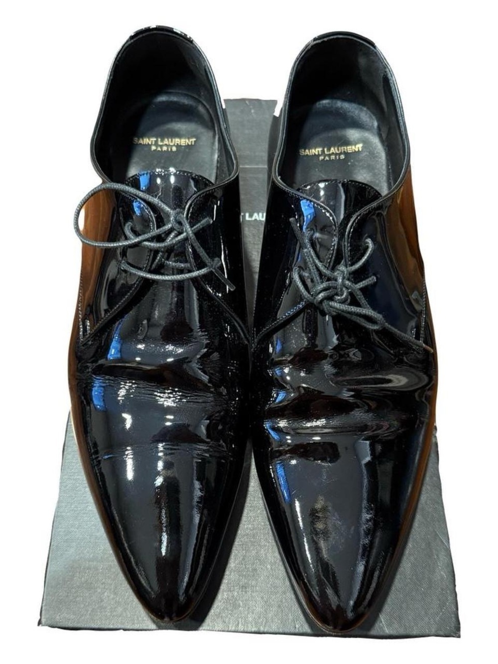 Saint Laurent Paris Black Lace Up Derby Patent Leather Pointy Toe Shoes